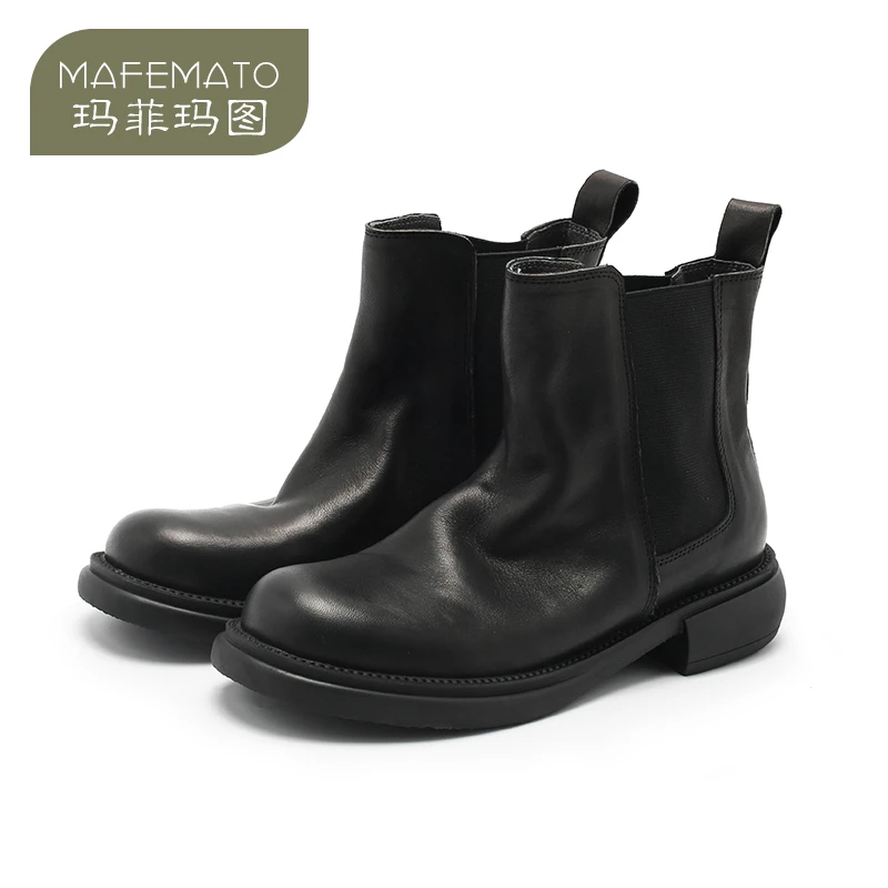玛菲玛图6818-20洗水牛皮短靴英伦切尔西靴复古女鞋中跟厚底靴子