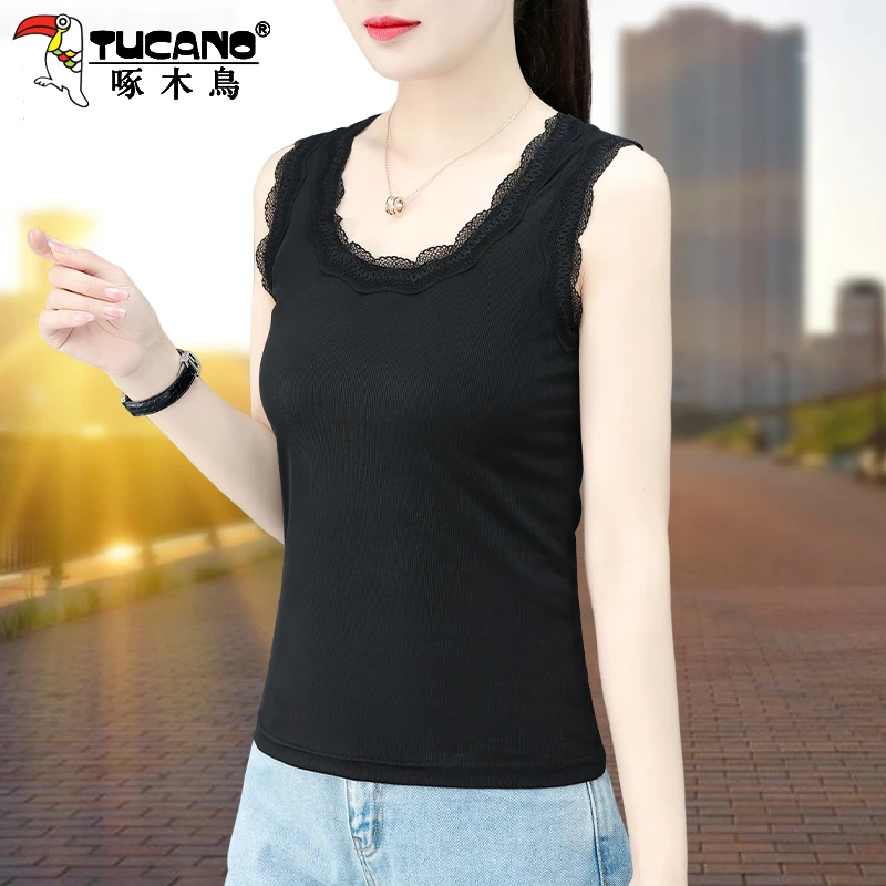 【官方】啄木鸟蕾丝花边冰丝无袖背心女夏季新款外穿内搭打底上衣