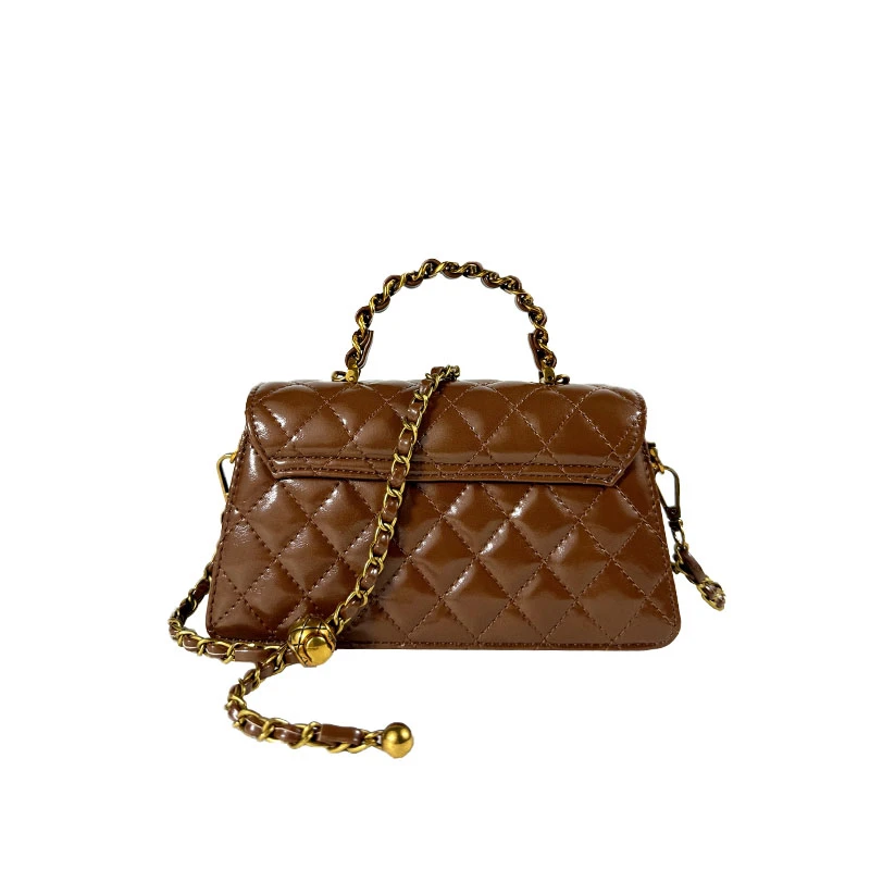 【落日橘棕】波浪手提柄小香风菱格链条包