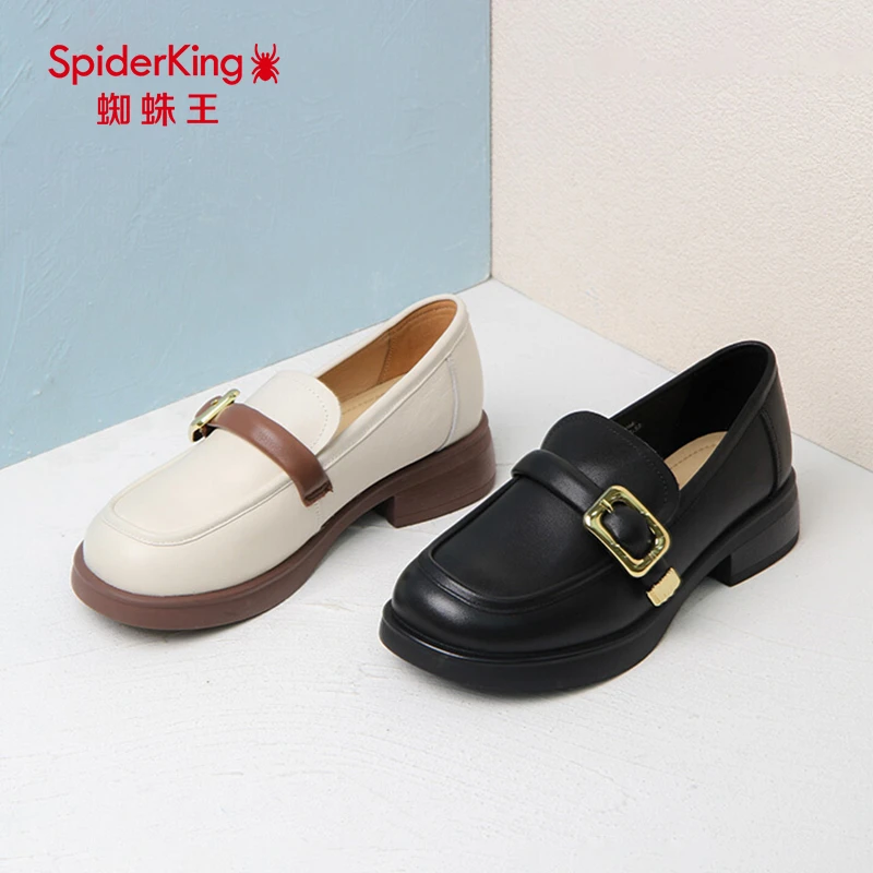 蜘蛛王女鞋秋季新款休闲百搭圆头乐福鞋低跟一脚蹬粗跟单鞋小皮鞋
