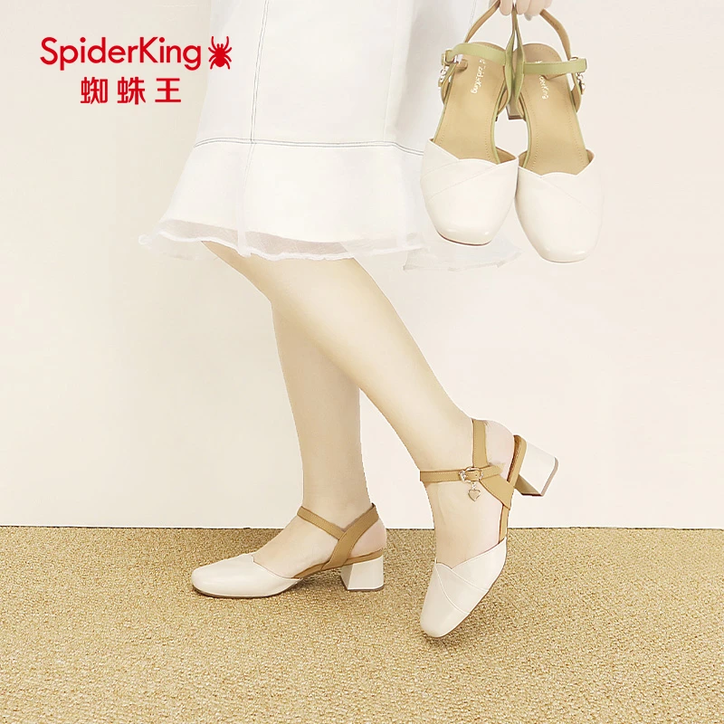 蜘蛛王女鞋夏季新粗跟包头凉鞋女一字扣后空高跟时尚百搭方头单鞋