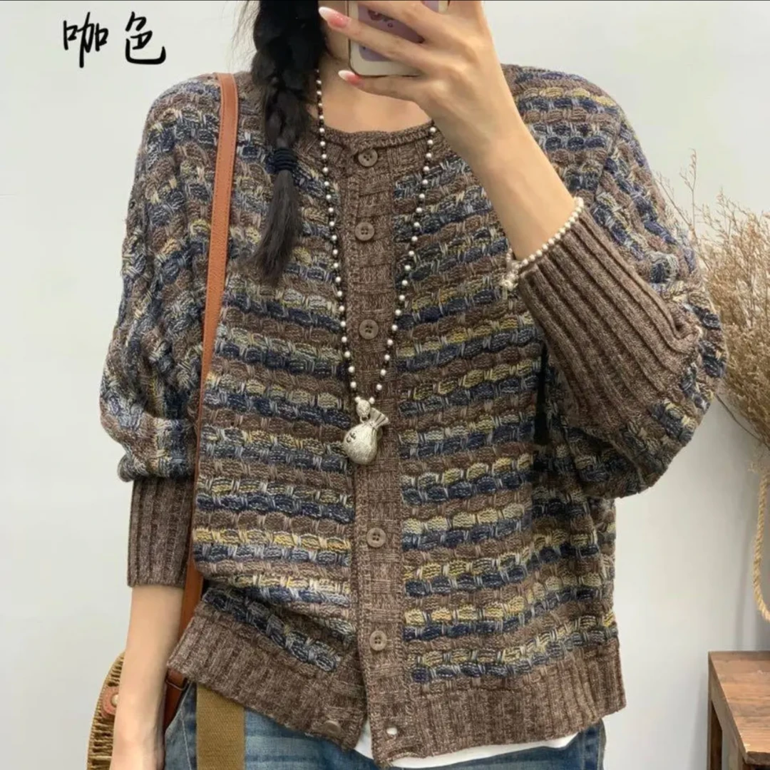 秋冬季复古气质毛衫网红百搭圆领毛衣秋冬时尚提花宽松外套毛衣