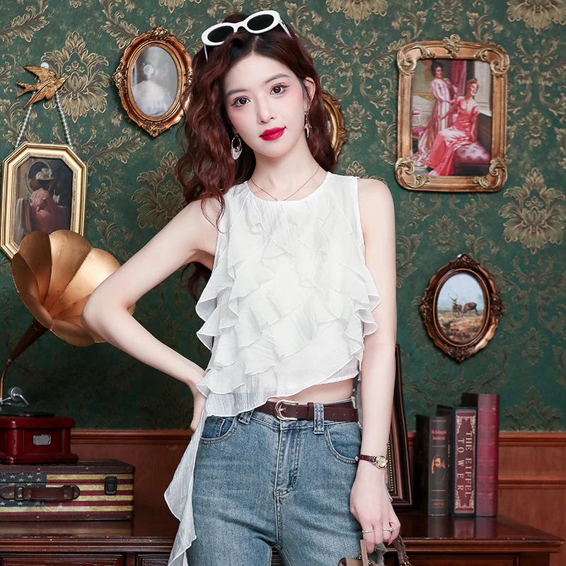 不规则荷叶边无袖背心吊带衬衫女夏季设计感小众法式气质显瘦上衣