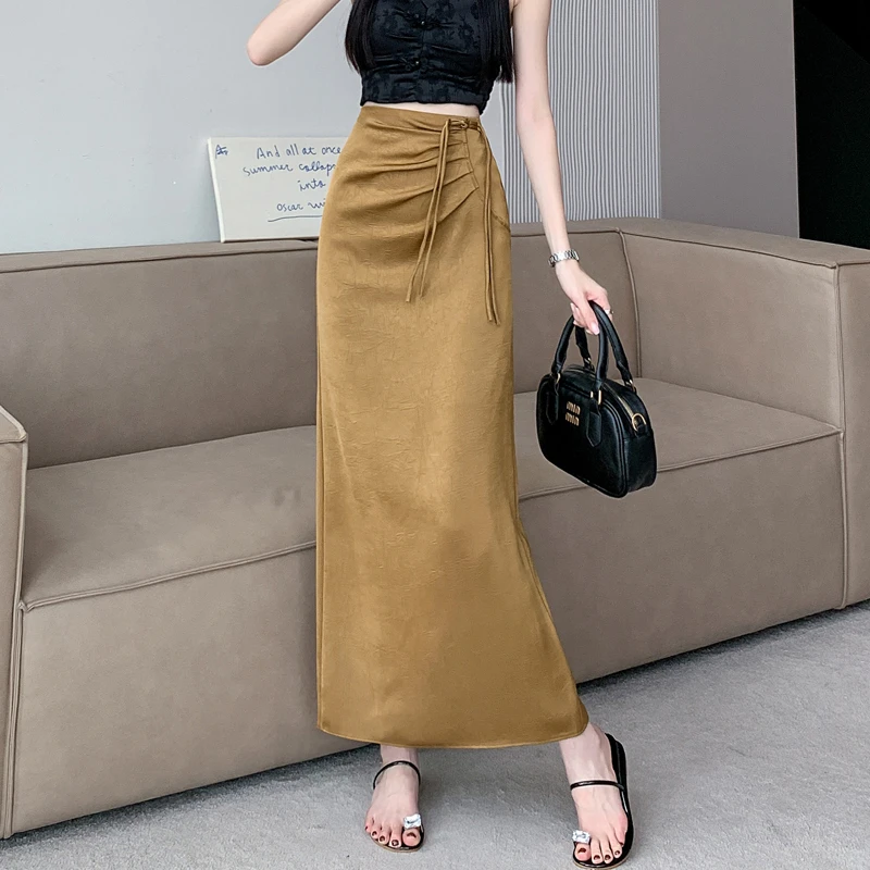 醋酸缎面半身裙女夏季新中式国风盘扣高腰褶皱开叉一步包臀裙长裙