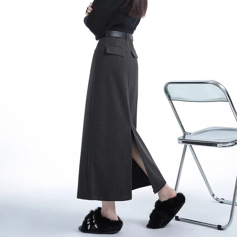 灰色毛呢西装半身裙女秋冬款高腰显瘦直筒开叉a字包臀一步裙长裙