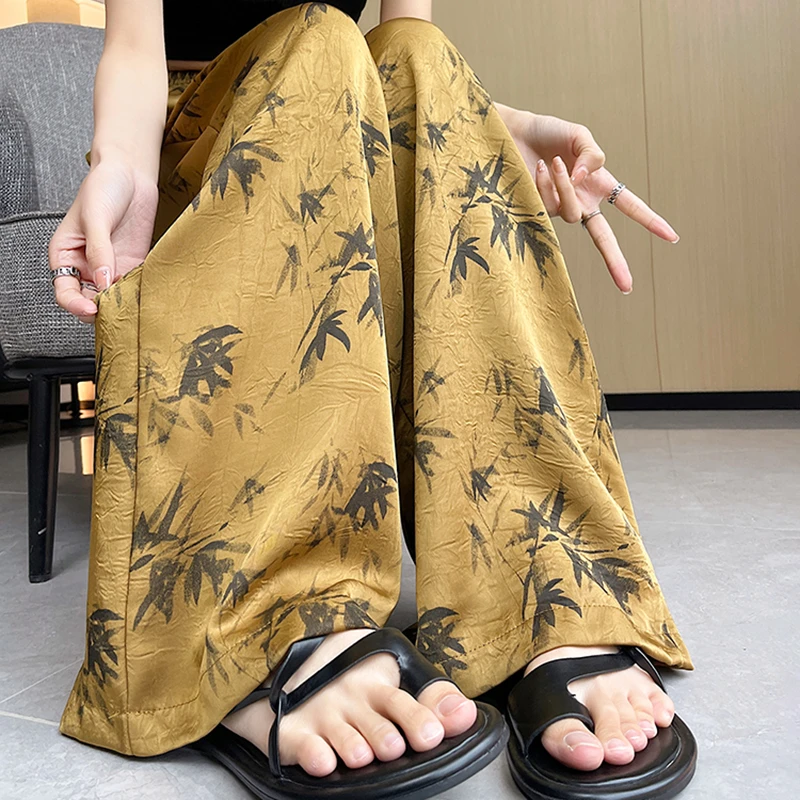 新中式印花绸缎面冰丝阔腿裤女夏季新款小个子宽松垂感休闲凉凉裤