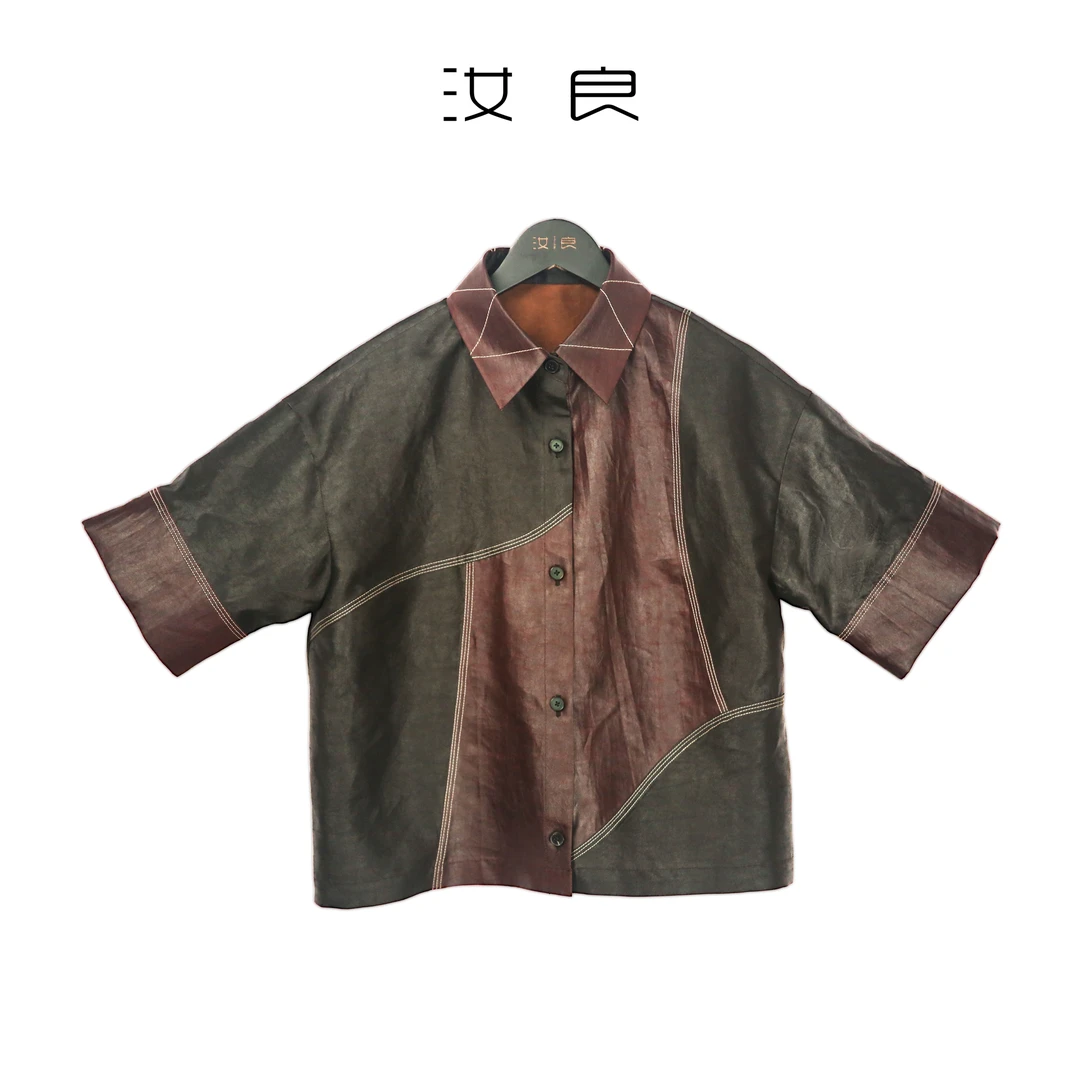 明线立体双色拼接短袖衬衫