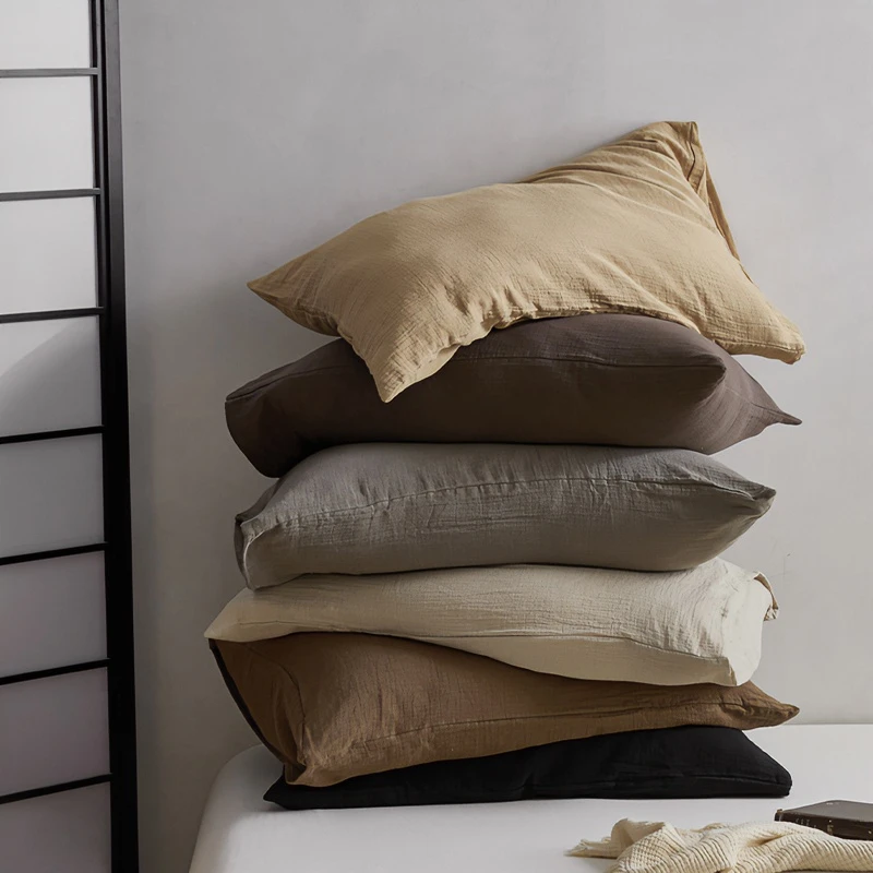 美拉德色系枕套一对装~A类双层纱简约纯色素色枕头套纯棉2024新款
