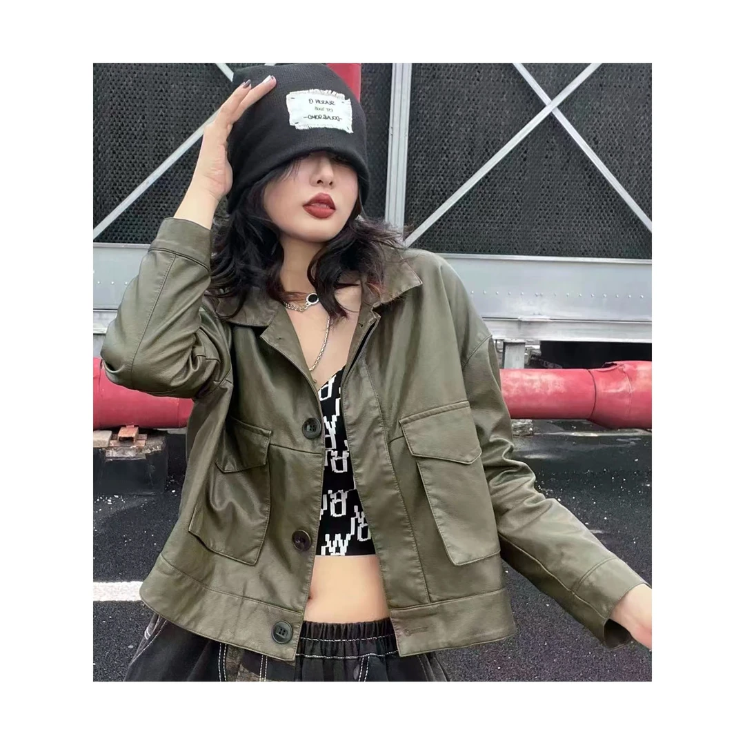 2022新款-803#短款个性大口袋皮衣时尚休闲-116外套女装修身百搭