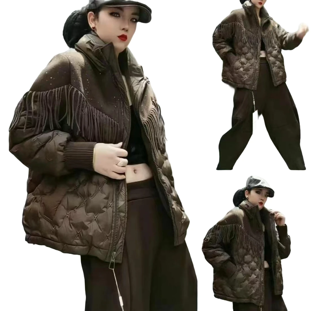 82363流苏拼接亮片个性短款羽绒服-348休闲时尚冬季潮流保暖