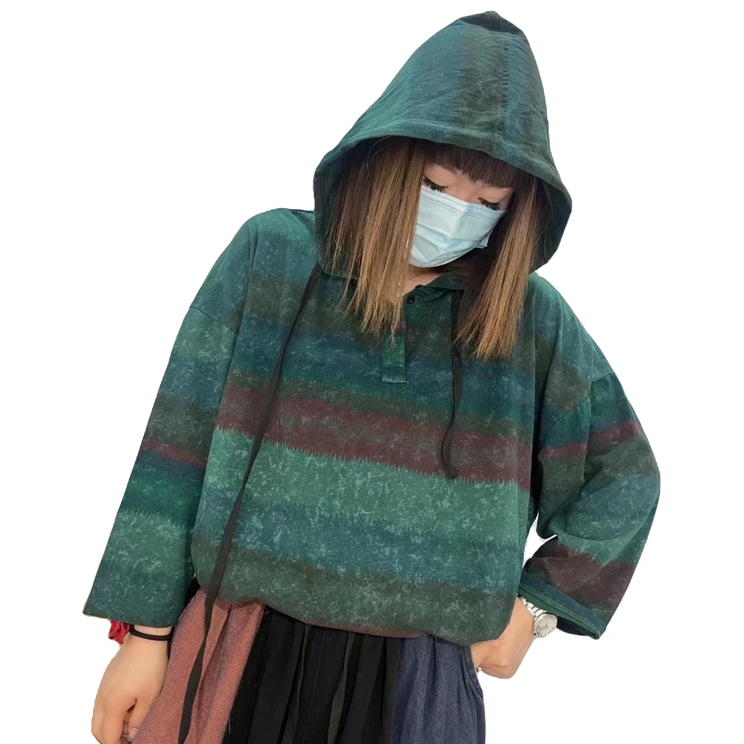 6810连帽彩条时尚休闲秋季上衣-312百搭绿色条纹宽松带帽韩版保暖