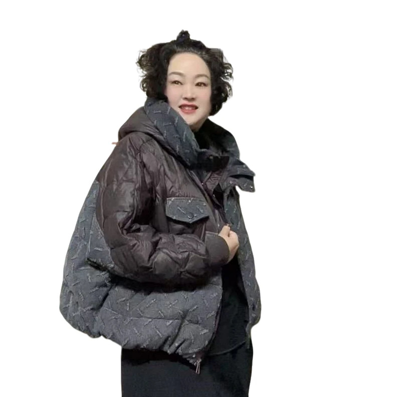 24053冬季连帽牛仔拼接时尚加厚羽绒服-513休闲百搭宽松保暖潮流