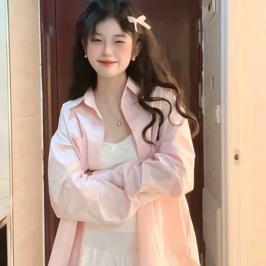 2024新款夏季防晒外套粉色衬衫外套女宽松设计感小众长袖上衣衬衫