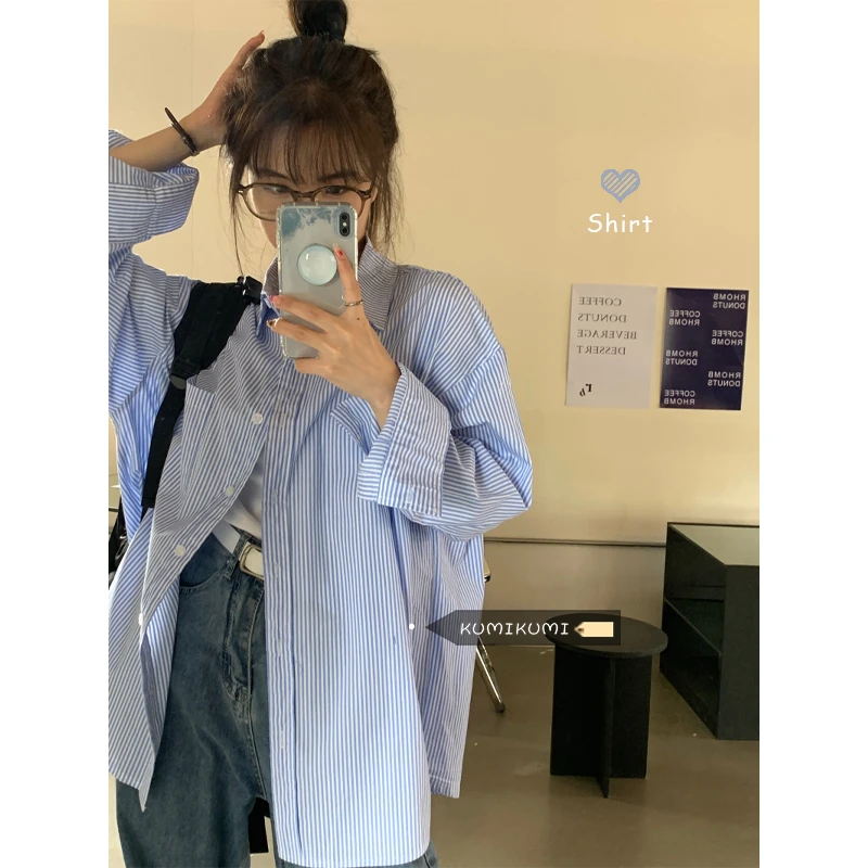 小众春秋外穿日系少年感慵懒宽松BF经典条纹百搭长袖衬衫女蓝色