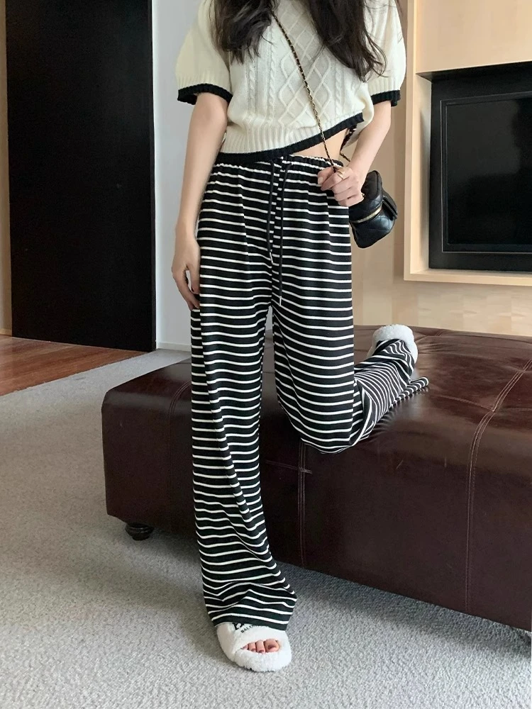 小个子条纹休闲裤女垂感阔腿裤拖地卫裤直筒裤春秋季宽松长裤子潮