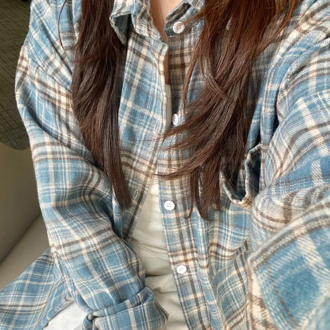 毛边hiphop撞色格子长袖衬衫女春秋宽松oversize慵懒风百搭衬衣潮
