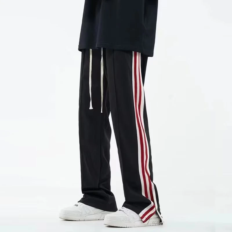 美式条纹开叉拉链裤子男夏季ins潮流宽松运动卫裤高街直筒休闲裤