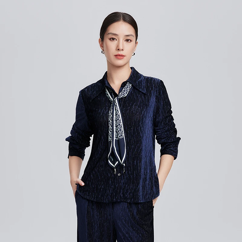 赢智尚2024春季新款藏蓝色丝绒衬衣上衣女高端气质职场ZE00957