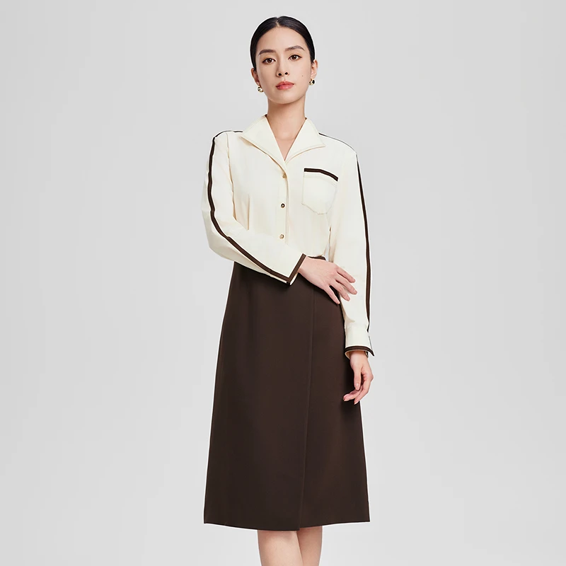 赢智尚2024春季新款美拉德气质米白棕色撞色中长款连衣裙ZF02973