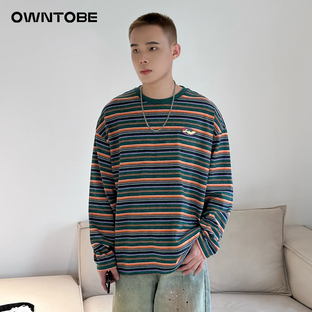新款秋冬潮流条纹长袖T恤男女美式休闲圆领纯棉宽松百搭打底上衣