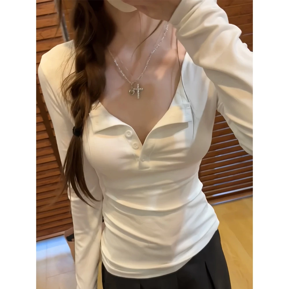 美式辣妹正肩半开领长袖T恤女秋季中长款内搭打底衫修身显瘦上衣