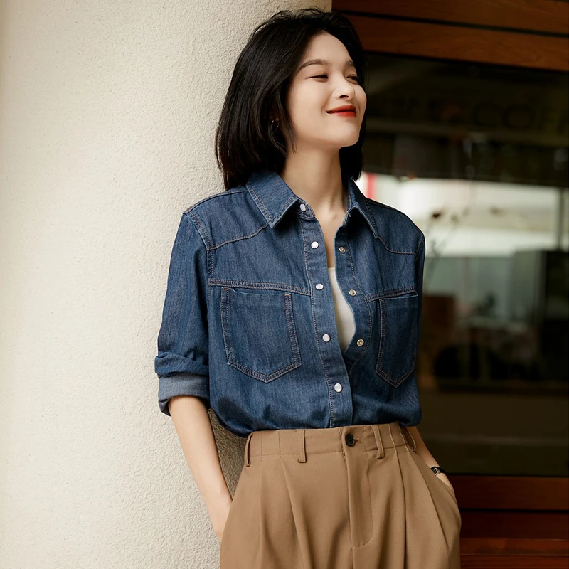 气质复古牛仔女衬衫长袖春秋新款高级设计感小众显瘦百搭休闲衬衣