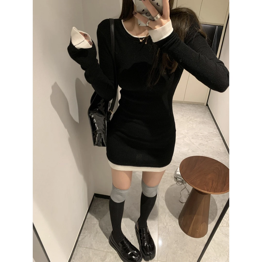 假两件针织女装连衣裙女秋冬新款内搭打底修身显瘦包臀短裙小黑裙