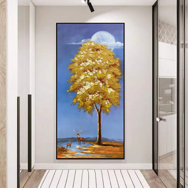 摇钱树纯手绘油画玄关装饰画客厅轻奢挂画竖版发财树壁画入户招财