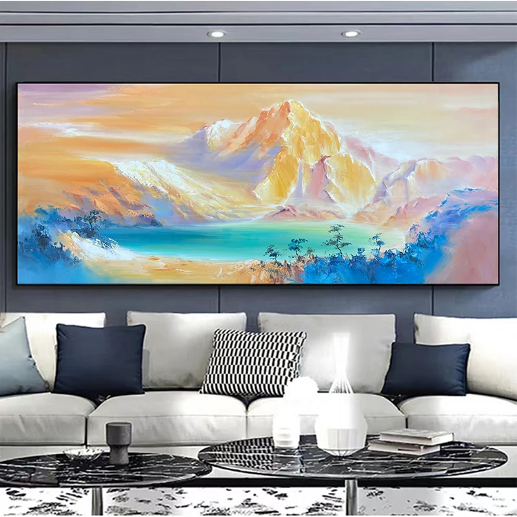 手绘油画古典风景山水聚宝盆沙发背景茶室现代简约新中式装饰挂画