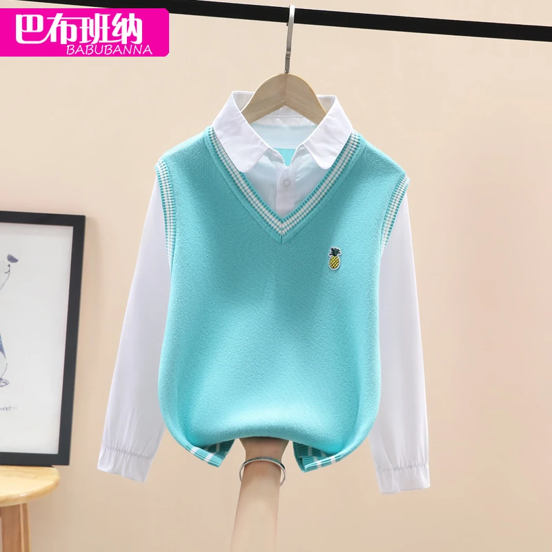 女童毛衣假两件春秋2024新款中大童纯棉打底针织衫儿童衣服潮洋气