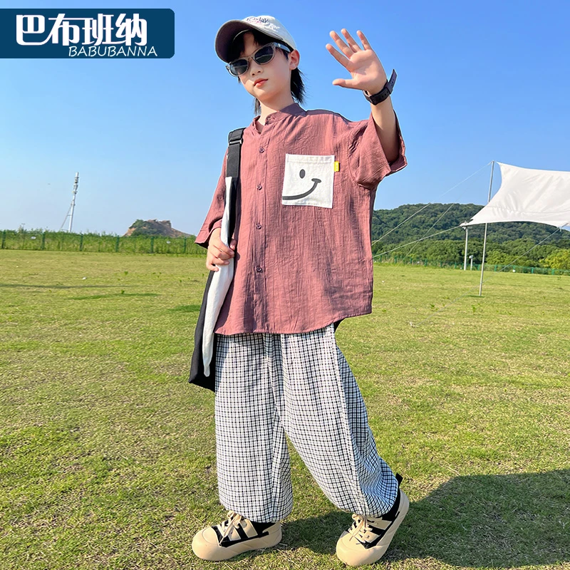 男童夏装套装2025新款儿童短袖衬衫中大童衣服男孩潮帅气时髦童装