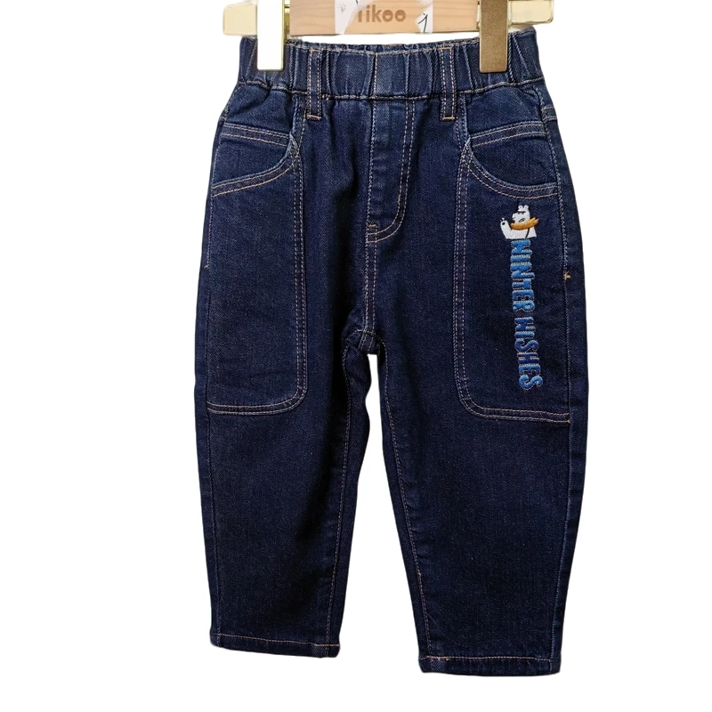 巴拉儿童藏青色小熊刺绣加绒加厚牛仔裤