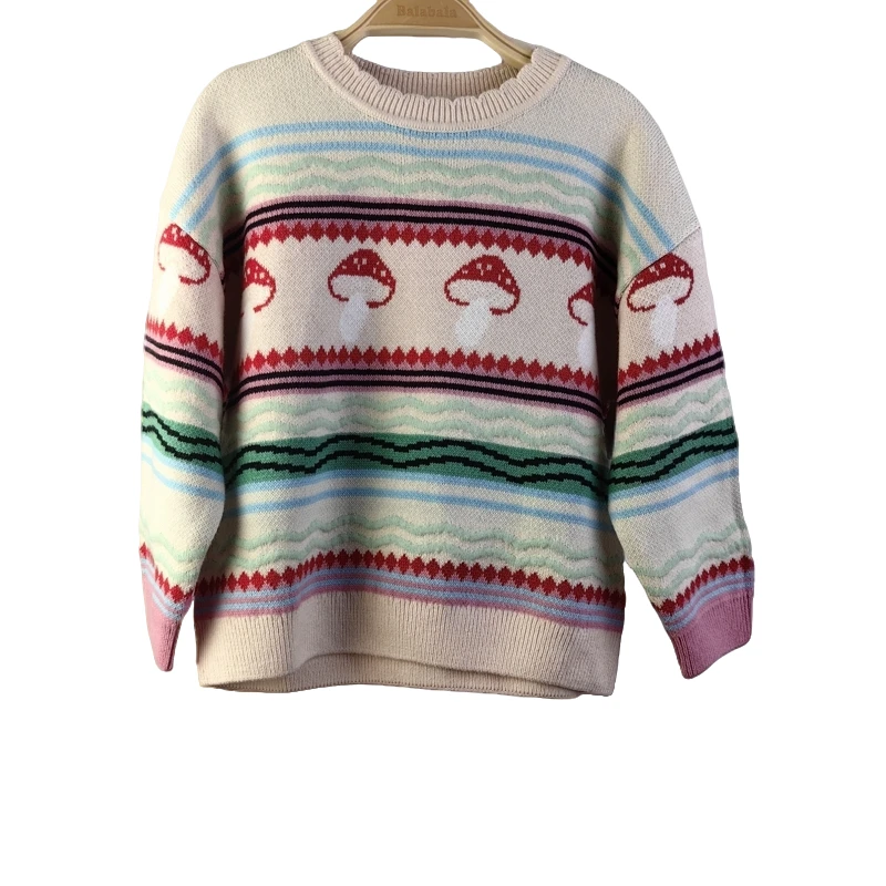 巴拉女童小蘑菇彩色条纹纯棉针织衫