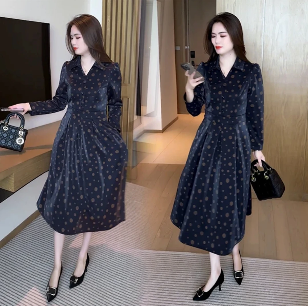 【有间】长袖显瘦波点连衣裙女2024年春秋季中长款时尚收腰气质裙子