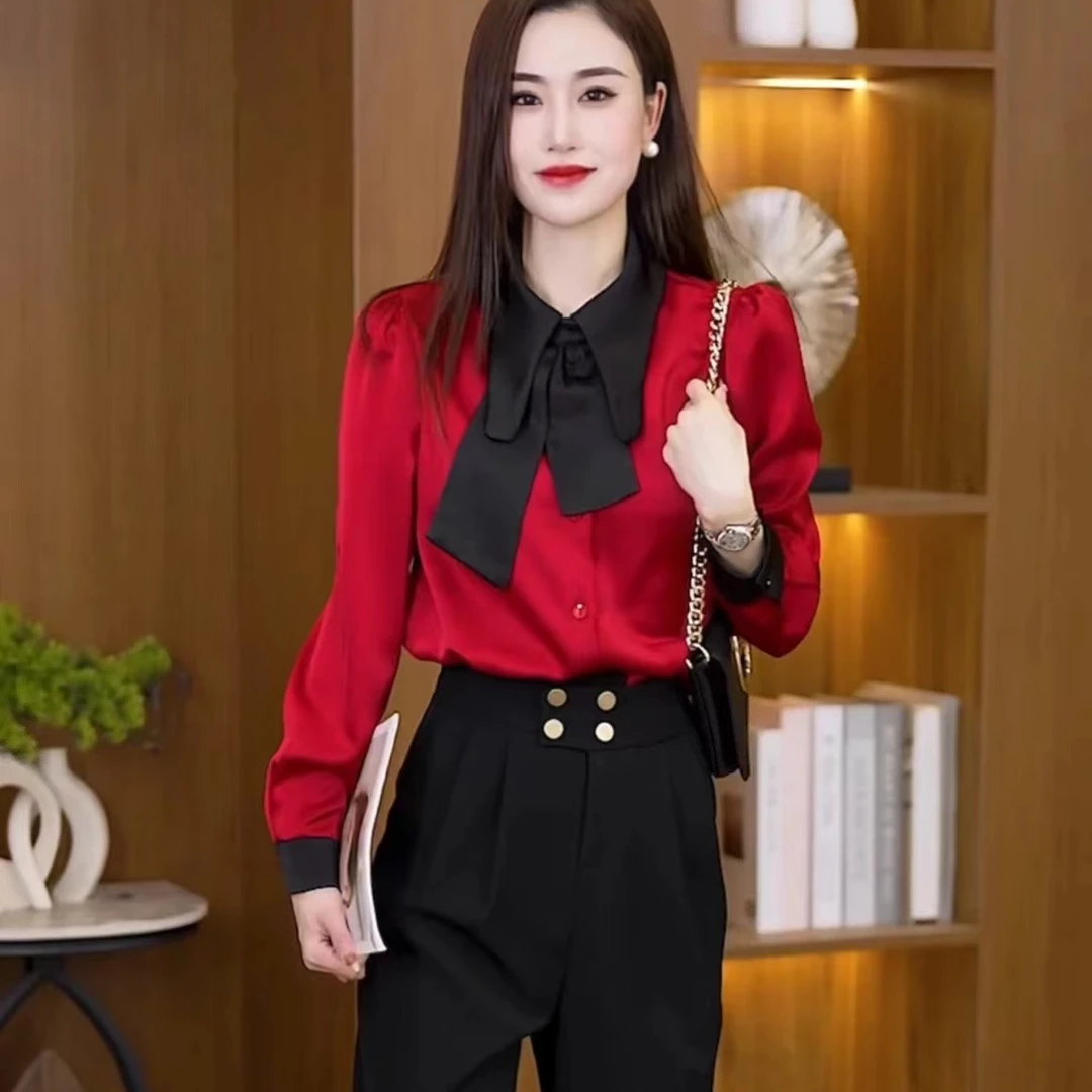 【有间】气质显瘦网红雪纺衫时尚百搭红色设计感秋季小众减龄衬衣