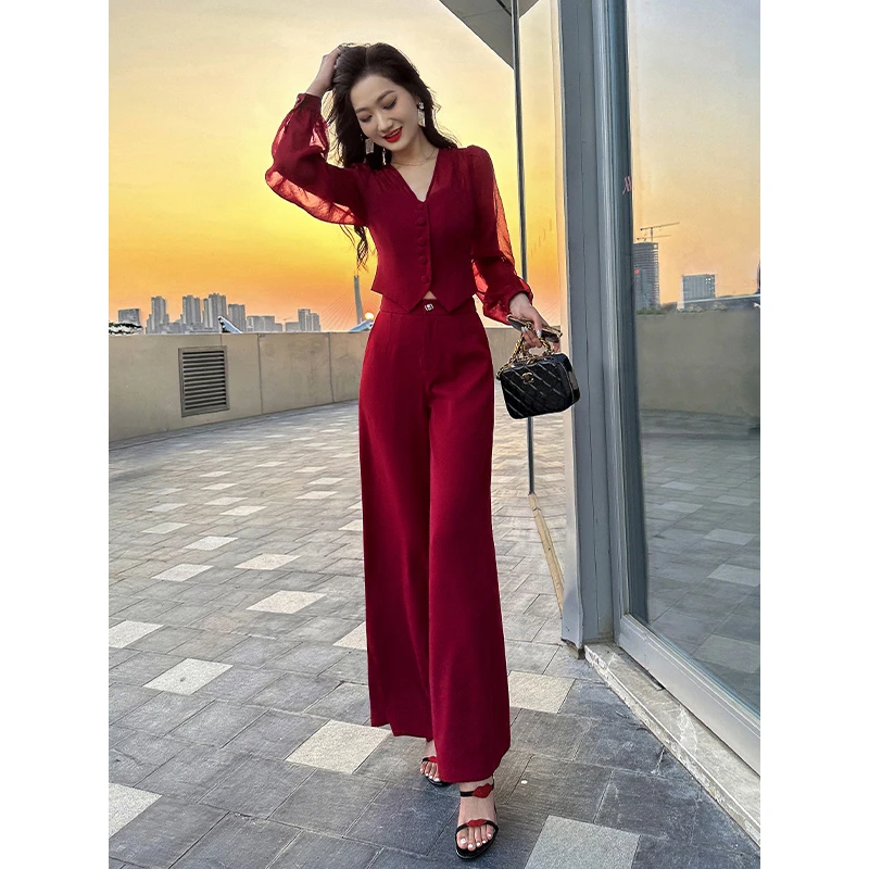春夏新款女神韩版时尚显瘦潮流百搭气质减龄高腰拼接阔腿裤套装女