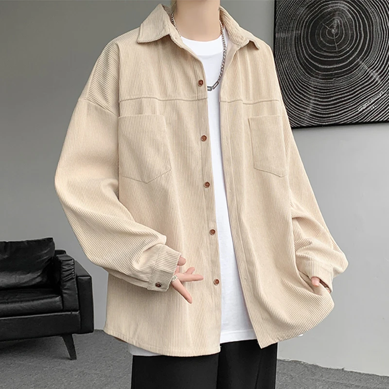 灯芯绒复古长袖衬衫男春秋季翻领夹克青少年宽松休闲衬衣春季日系
