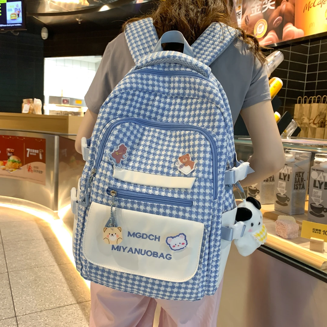 千鸟格双肩包减负减压书包女初中生小学生三四五六年级中学生背包