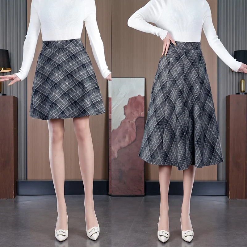 格子半身裙高腰a字大码遮胯裙子女中长款大摆裙秋冬裙子
