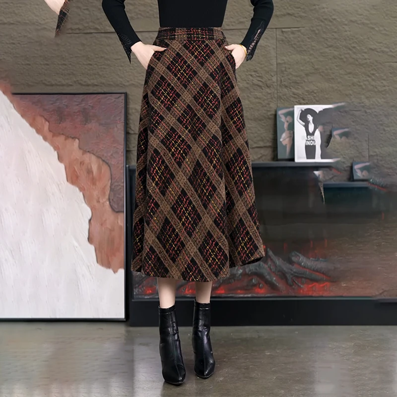 23040冬季雪尼尔绒a字裙气质复古格子裙高腰显瘦伞裙百搭半身裙