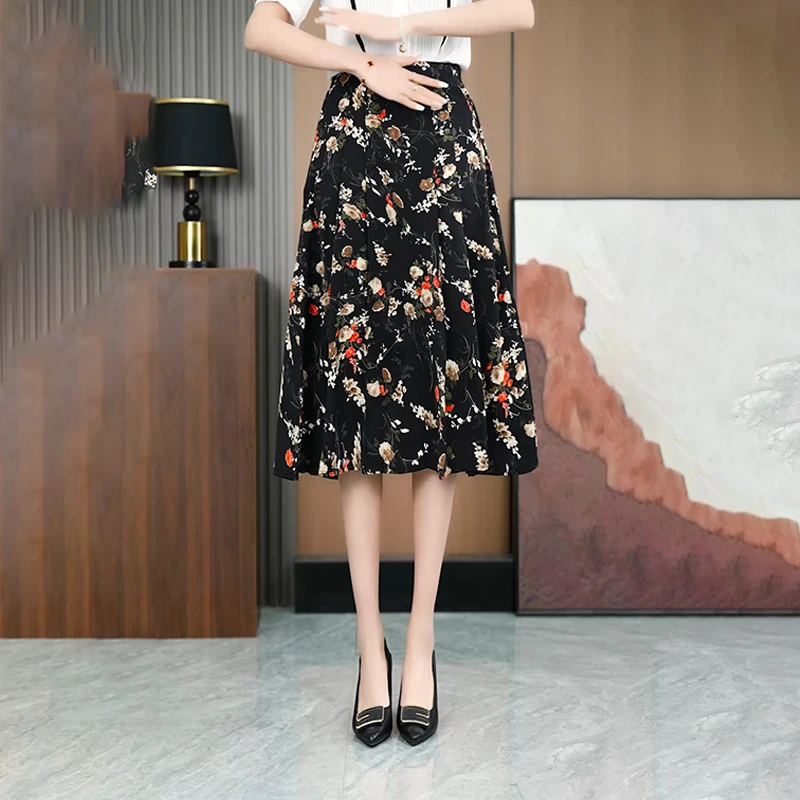 韩版碎花半身裙女中长款高腰显瘦包臀雪纺A字大摆长裙子2024新款
