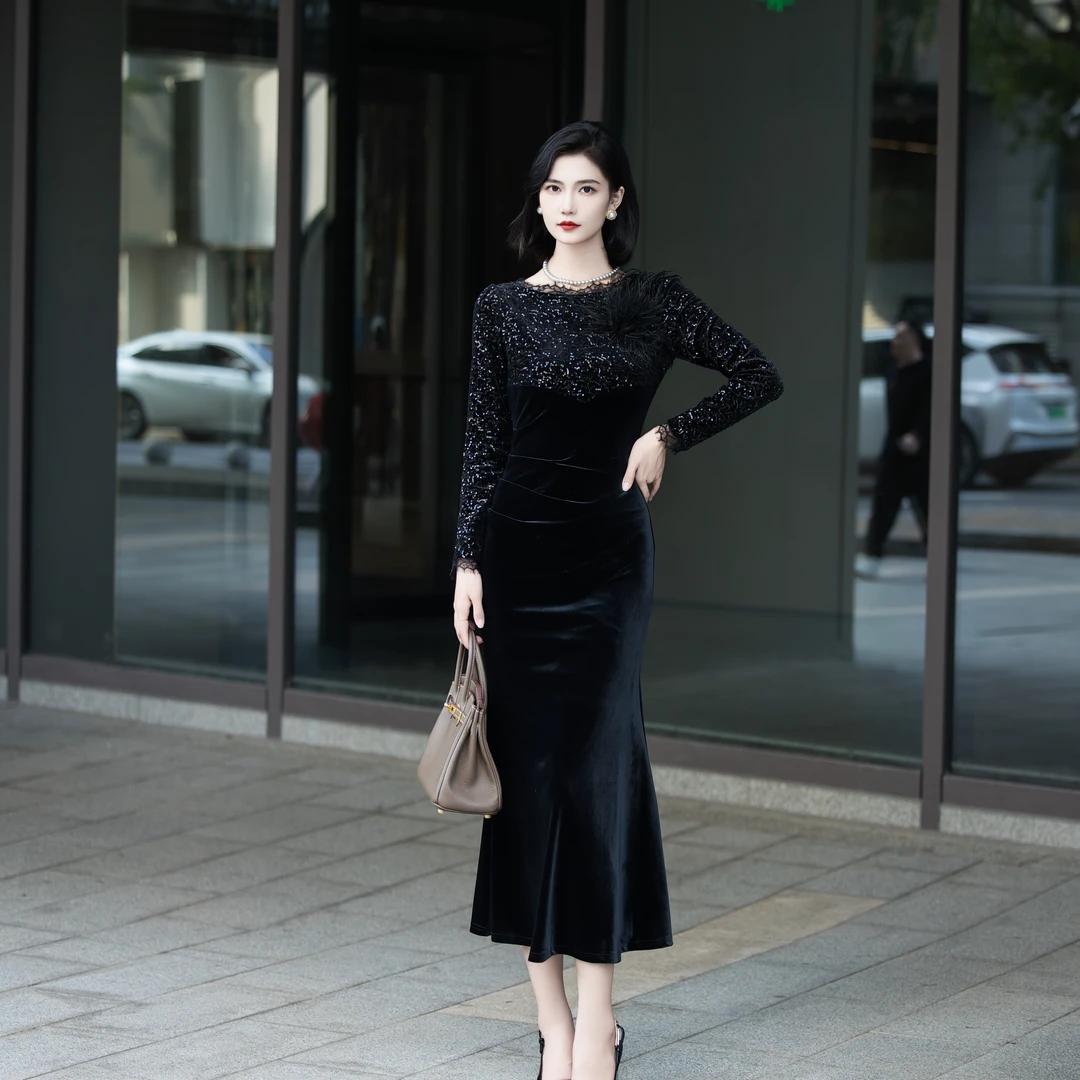 ANANY/艾嘉妮【暗雅】显瘦气质长袖时尚性感黑色修身宴会L-40535
