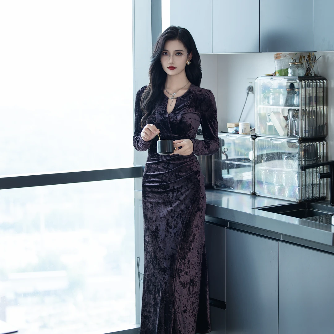 ANANY/艾嘉妮【水晶之恋】秋季法式气质修身包臀丝绒连衣裙-37457