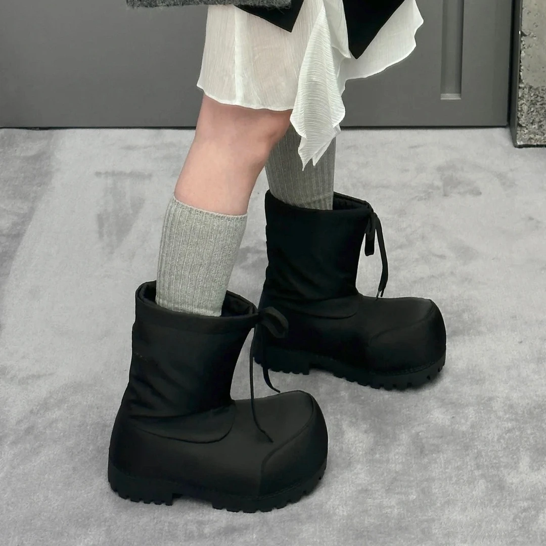 滑雪大头雪地靴2025冬季新款防水防滑抽绳厚底丑萌保暖增高短靴女
