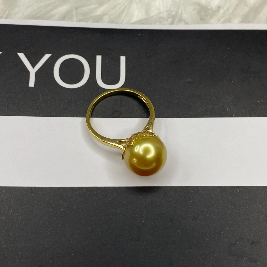 正宗海水天然南洋金珠时尚百搭款戒指18k金镶嵌浓金强光圆形11~12