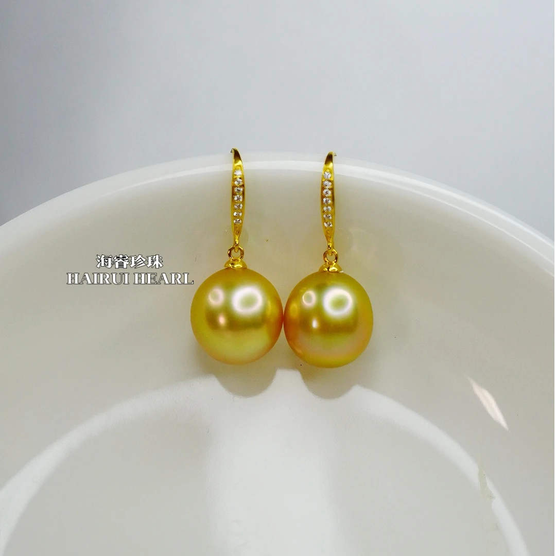 正宗海水天然南洋金珠时尚百搭款耳钩18k金镶嵌浓金强光圆形12~13