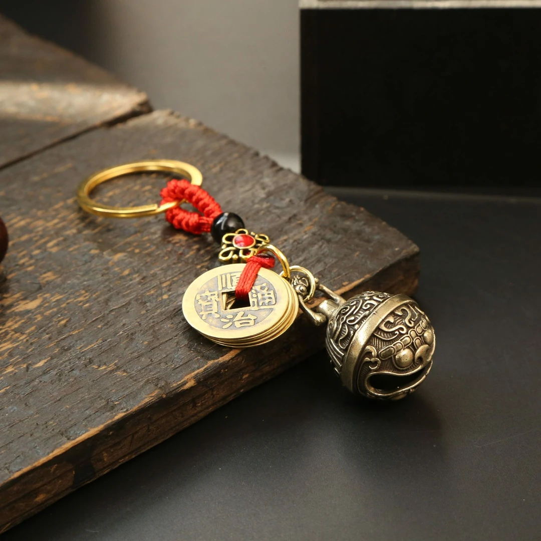 钥匙扣发财运黄铜饕餮铃铛吊坠创意发财五帝钱葫芦挂件手机挂件