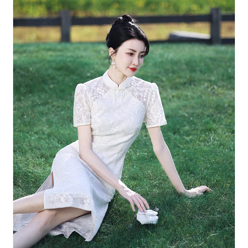 高考毕业季蕾丝旗袍气质夏季少女复古优雅法式显瘦中国风