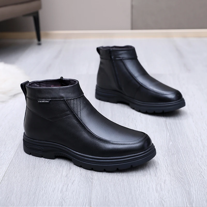 冬季男士头层牛皮棉鞋加绒加厚保暖防滑软底中老年爸爸高帮棉皮鞋