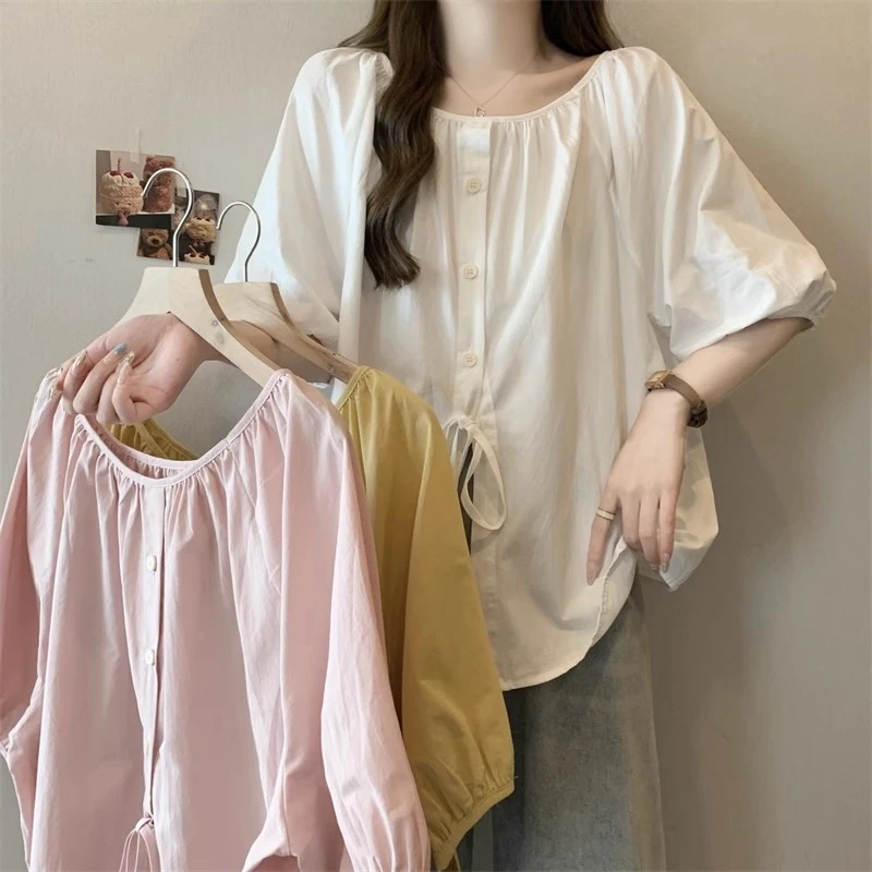 大码女装清凉日系减龄系带蝴蝶结泡泡袖衬衫夏季宽松上衣微胖MM